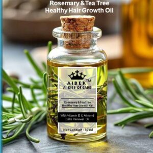 Bottle of Rosemary & Tea Tree Healthy Hair Growth Oil, featuring natural ingredients designed to promote hair growth and improve scalp health. The oil blend includes rosemary and tea tree oil for nourishment, with a sleek, modern label displaying the product's name and key benefits.