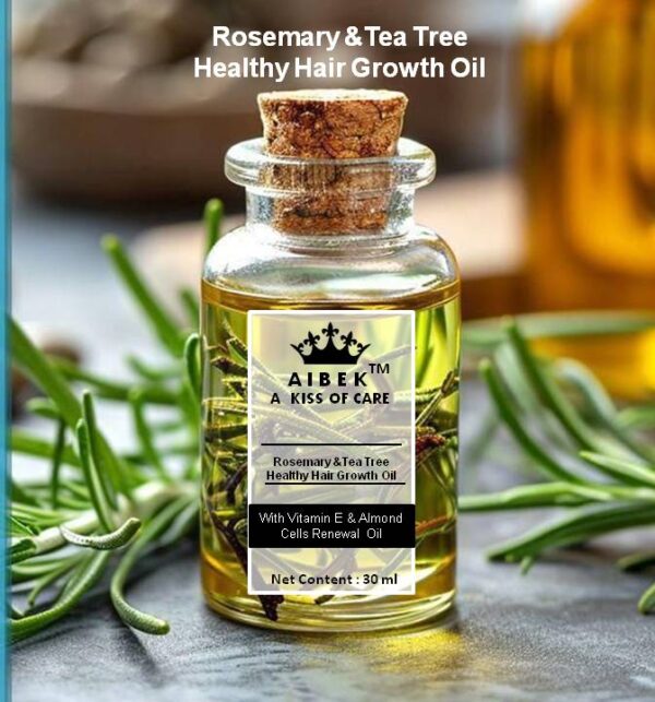 Bottle of Rosemary & Tea Tree Healthy Hair Growth Oil, featuring natural ingredients designed to promote hair growth and improve scalp health. The oil blend includes rosemary and tea tree oil for nourishment, with a sleek, modern label displaying the product's name and key benefits.