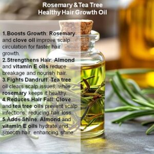 Bottle of Rosemary & Tea Tree Healthy Hair Growth Oil, featuring natural ingredients designed to promote hair growth and improve scalp health. The oil blend includes rosemary and tea tree oil for nourishment, with a sleek, modern label displaying the product's name and key benefits.