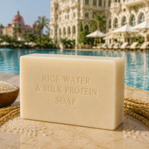 Handcrafted Rice Water & Milk Protein Soap bar with a creamy ivory-white appearance, designed to gently cleanse, nourish, and soften the skin. Enriched with rice water and milk proteins for a smooth, healthy-looking complexion.