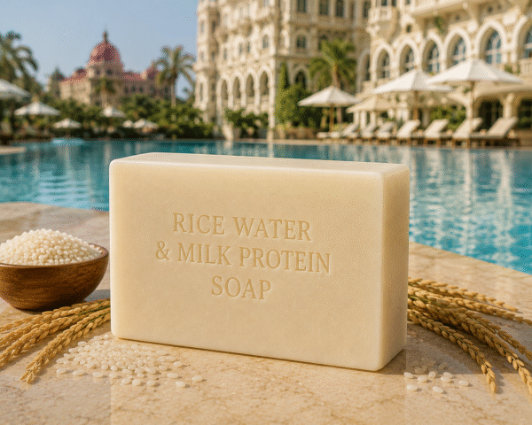 Handcrafted Rice Water & Milk Protein Soap bar with a creamy ivory-white appearance, designed to gently cleanse, nourish, and soften the skin. Enriched with rice water and milk proteins for a smooth, healthy-looking complexion.